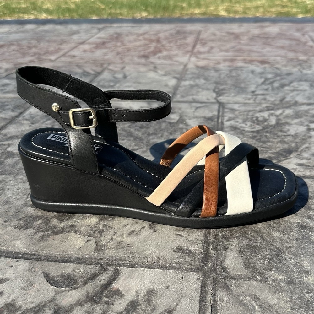 NEW Women's Sz 41 / 10.5 - 11 Pikolinos Wedge Sandals Teulada Nata Black Strappy